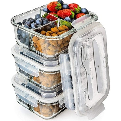 LunaLulinlk Glass Food Storage Containers - Meal Prep Containers - 3 Pack, 3 Compartments, 34 oz