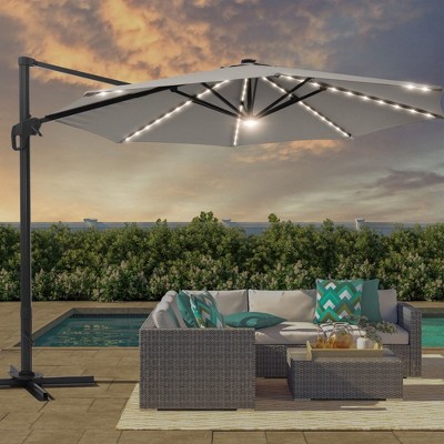 Sonkuki 11FT Round Offset Outdoor Patio Solar LED Cantilever Umbrella Aluminium Pole, 360° Rotation and Canopy Angle Adjustment