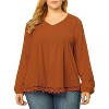 Agnes Orinda Women's Plus Size Fashion Pleated Lace Trim Hem V Neck Long Sleeve Solid Blouses - 2 of 4