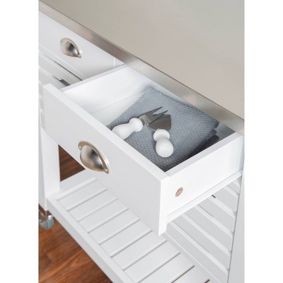 Farmhouse Charm White Stainless Steel Kitchen Cart with Butcher Block