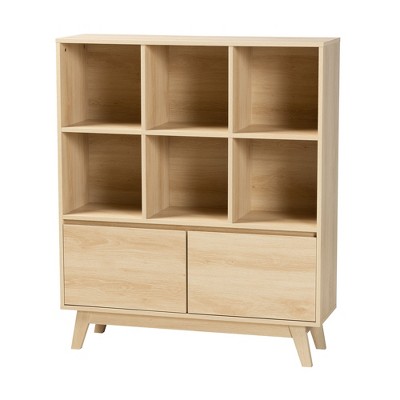 Danina Oak Brown Wood Bookshelf with Doors and Cubes
