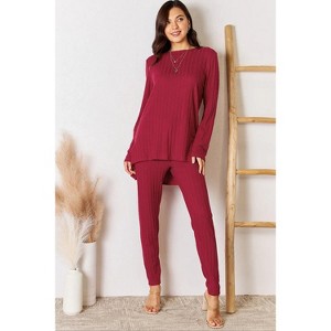I am a Fashion Junky Basic Bae Full Size Ribbed Round Neck High-Low Slit Top and Pants Set - 1 of 4