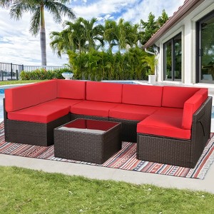 Cesicia 7-Piece Blue Sofa Set With Black PE Rattan Frame, Garden Patio Wicker Sectional Sofa Set with Coffee Table for Backyard, Porch, Balcony - 1 of 4