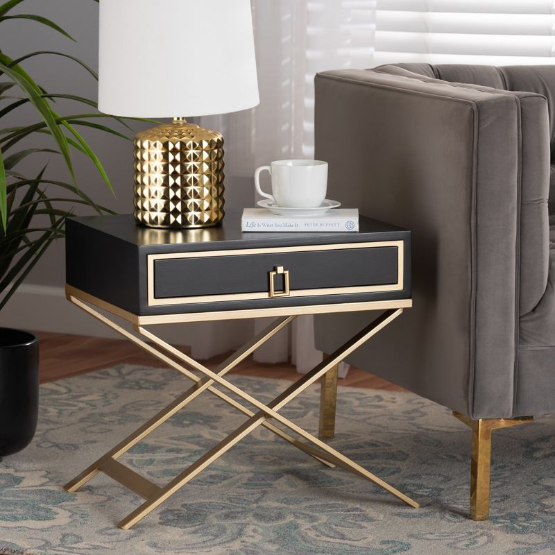 Baxton Studio Lilibet Modern Glam and Luxe Black Finished Wood and Gold Metal 1-Drawer End Table, 1 of 10