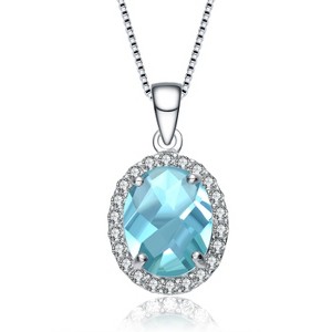 Guili Sterling Silver White Gold Plated Oval Ice Blue Cubic Zirconia Solitaire with Halo Necklace for Luxury and Sophistication Always - 1 of 4