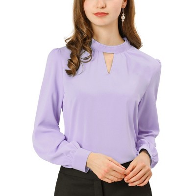 INSPIRE CHIC Women's Office Keyhole Elegant Stand Collar Long Sleeve Back Neck Button Blouse