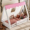 KWPZQEB House Shape Montessori House Bed, Wood Floor Bed with Tent & Light, Cute Bed Frame with Full-length Guardrails for Kids, No Box Spring Needed - 2 of 4