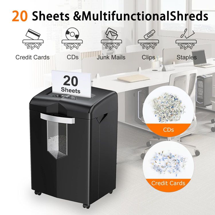 Bonsaii Heavy Duty 20-Sheet Paper Shredder, 40 Min Run Time, Anti-Jam, P-4 Security, Shreds CD/Credit Cards/Staples, 7 Gal Pullout Bin, 3 of 6