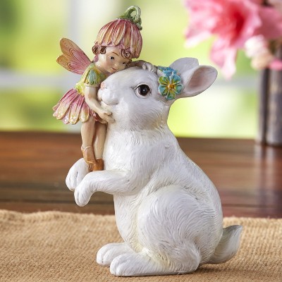 Lakeside Ceramic Whimsical Rabbit-Hugging Fairy Decorative Tabletop Figurine