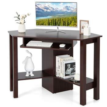 Small White Computer Desk with Drawers and Printer Shelves, Wood