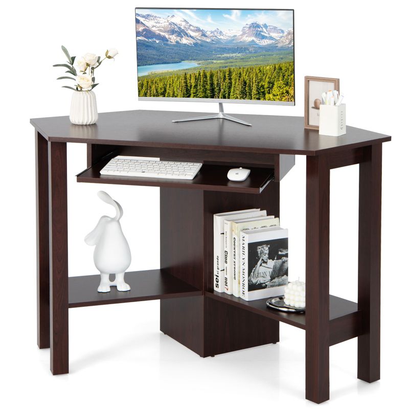 Costway Wooden Corner Desk With Drawer Computer PC Table Study Office Room Brown, 1 of 11