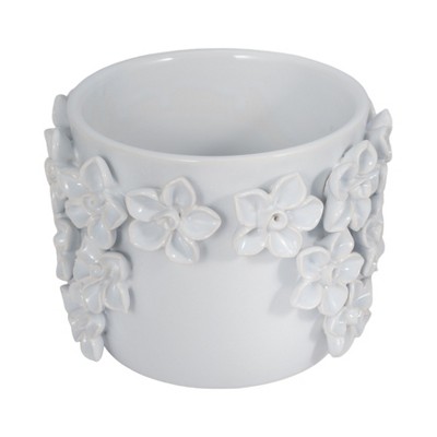 Ceramic Planter with 3D Floral Design - Ceramic Indoor/Outdoor Plant Pot - Elegant White Glazed Finish - Decorative Flower Pot