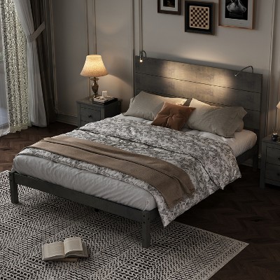 TIRAMISUBEST Full/Queen Size Farmhouse Style Platform Bed, Wooden Bed Frame with Two Headboard Lights