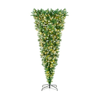 Tangkula 7.5FT Pre-lit Upside Down Christmas Tree, Artificial Tree w/400 Warm White LED Lights & 8 Lighting Modes, Snowy Inverted Christmas Tree