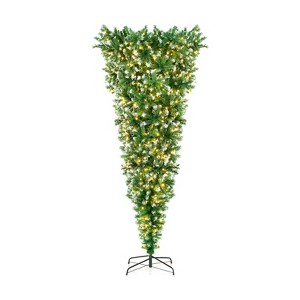 Tangkula 7.5FT Pre-lit Upside Down Christmas Tree, Artificial Tree w/400 Warm White LED Lights & 8 Lighting Modes, Snowy Inverted Christmas Tree - 1 of 4