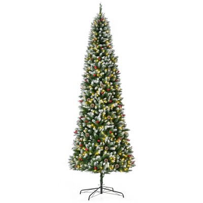 HOMCOM 9 FT Pre-Lit Snow-Dipped Artificial Christmas Tree with Realistic Branches, 460 LED Lights, Pine Cones, Red Berries and 1298 Tips