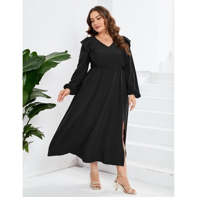 YESFASHION Women's Plus Size Fall Dress with Pocket Long Sleeves V Neck Side Split Long Maxi Dress