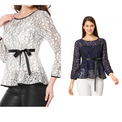 INSPIRE CHIC Women's 2 Packs Semi-Sheer Elegant Tie Waist Long Sleeve Floral Lace Peplum Blouses Green X-Large