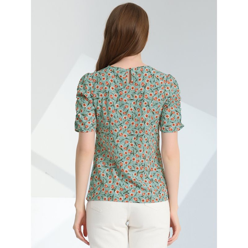 Allegra K Women's Floral Summer Crew Neck Casual Shirred Short Sleeve Blouse, 6 of 8