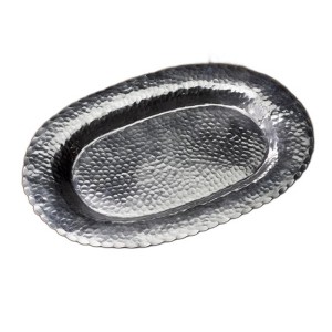 HomeRoots 13" Silver Oval Stainless Steel Hammered Serving Tray - 1 of 4