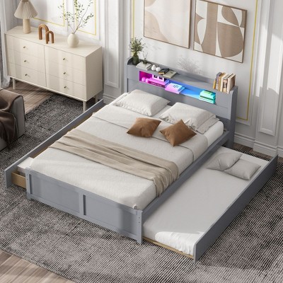 NicBex Queen Platform Bed Modern Wooden Bed Frame with Trundle, Storage Headboard, 2 Drawers and LED Lights for Bedroom, No Box Spring Required