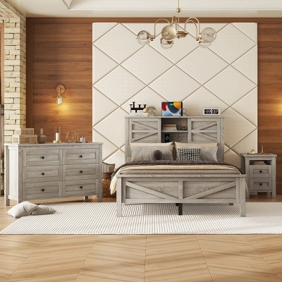 3-Pieces Bedroom Sets, Full Size Farmhouse Platform Bed,  Double Storage And Charging Station, Storage Nightstand And Dresser-Cuddlewood