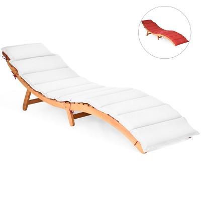 Costway Folding Wooden Outdoor Lounge Chair Chaise Red/White Cushion Pad Pool Deck