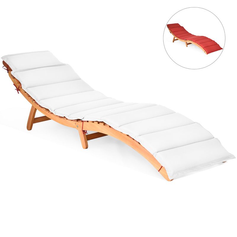 Costway Folding Wooden Outdoor Lounge Chair Chaise Red/White Cushion Pad Pool Deck, 1 of 10