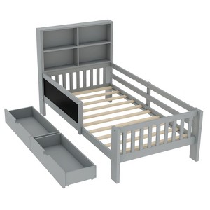 SEVOBAL Kids Bedroom Twin Platform Bed With Chalkboard Headboard Storage Drawers Shelves No Box Spring Needed for Kids, Grey, 76.57"*18.7"*6.69" - 1 of 4