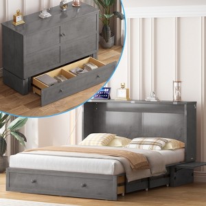 Mjkone Queen Murphy Bed Cabinet with Built-in Charging Station and Drawer,Trifold Mattress, Modern Murphy Cube Chest Bed - 1 of 4