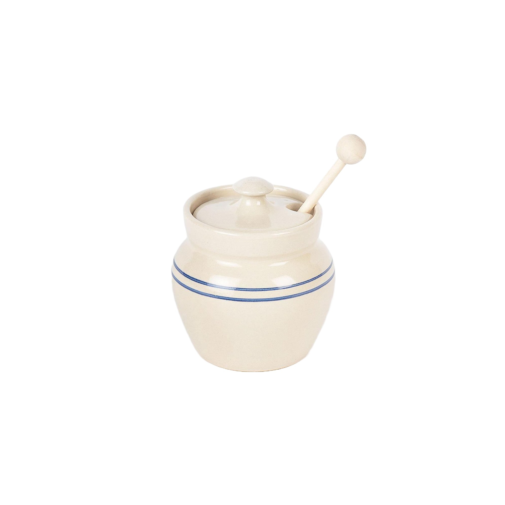 Martinez Pottery Heritage Blue Stripe Stoneware Honey Pot with Wooden Dipper