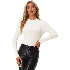 INSPIRE CHIC Women's Metallic Velvet Puff Long Sleeve Mock Neck Glitter T-shirt - 1 of 4