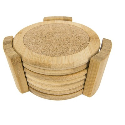 Home Basics 4.5" Bamboo Coaster Set, (Pack of 6) with Holder, Natural