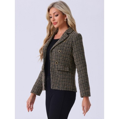 INSPIRE CHIC Women's Elegant Long Sleeve Open Front Buttons Decor Plaid Tweed Blazer Khaki Black Large — фото 2
