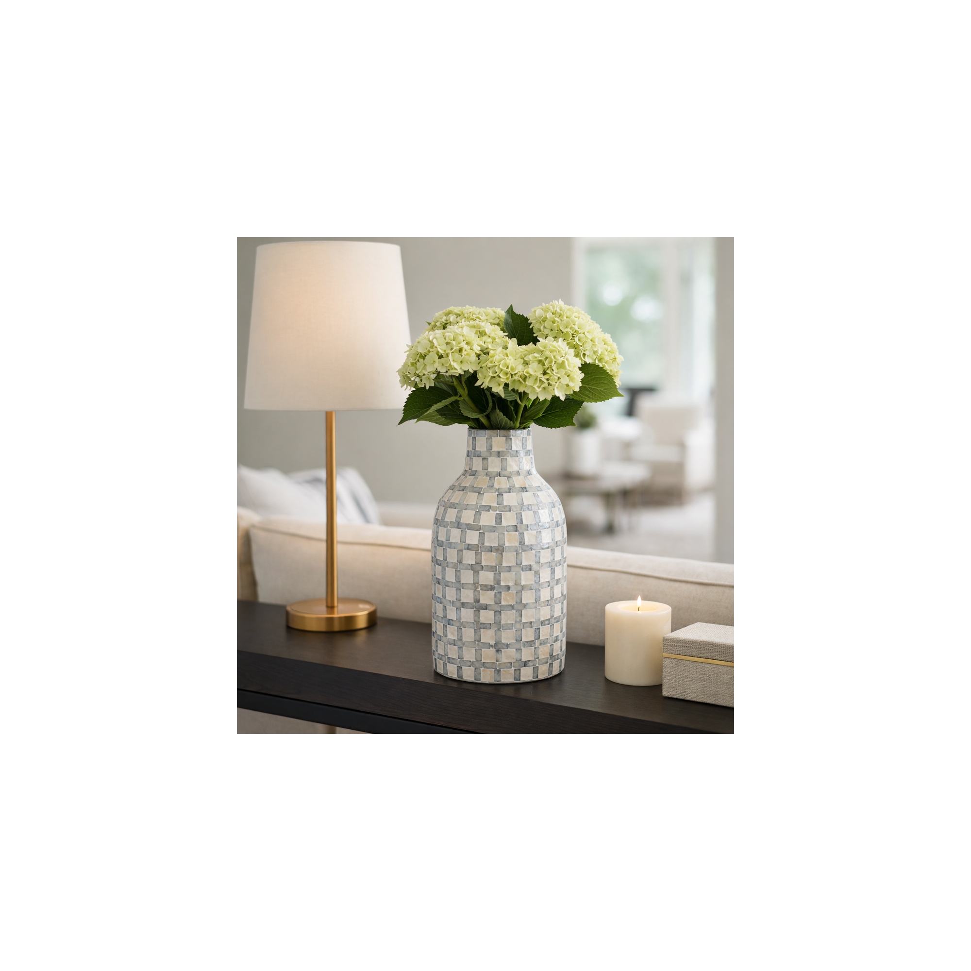Decorative Plaid Pattern Vase for Living Room Decor - Contemporary Home Decor Accent for Bedroom, Office, or Table Styling - 16", Ivory & Gray