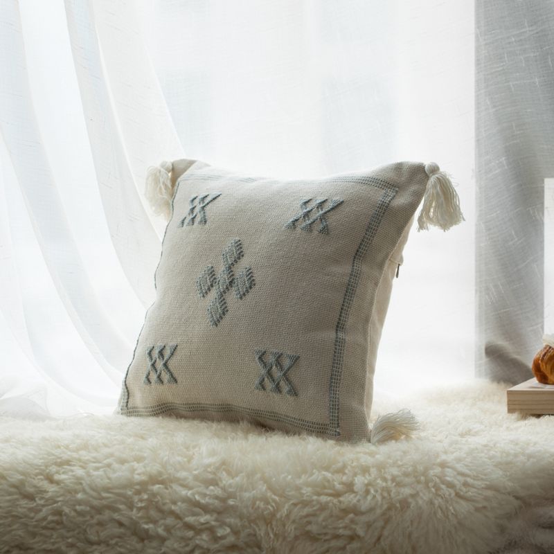 DEERLUX 16" Throw Pillow Cover with Southwest Pattern and Corner Tassels with Filler, Grey & White, 4 of 10