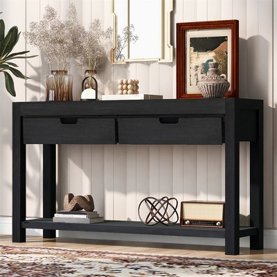 55" Console Table with 2 Drawers, Wooden Entryway Table with Open Storage Shelf, Narrow Sofa Table, Behind Couch Table for Living Room Hallway