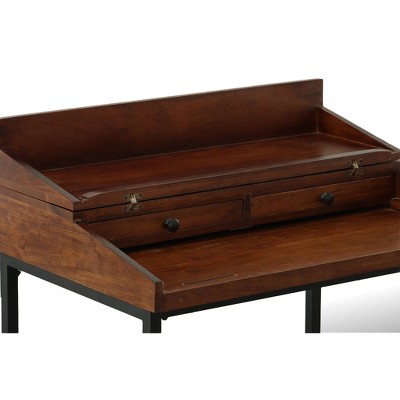 Chestnut Mango Wood Writing Desk with Black Iron Frame and Drawers