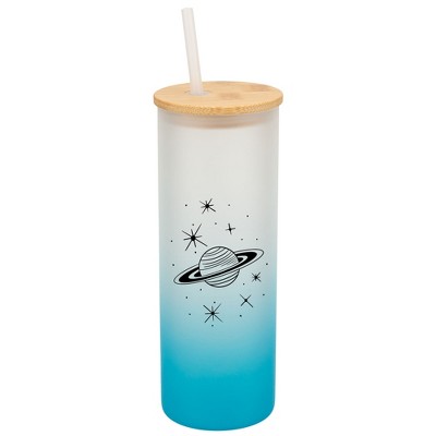 Elanze Designs Saturn Planet Rings Galactic Stars Wrap-Around Design 25 Ounce Frosted Gradient Glass On-The-Go Coffee Travel Skinny Tumbler Mug Cup,