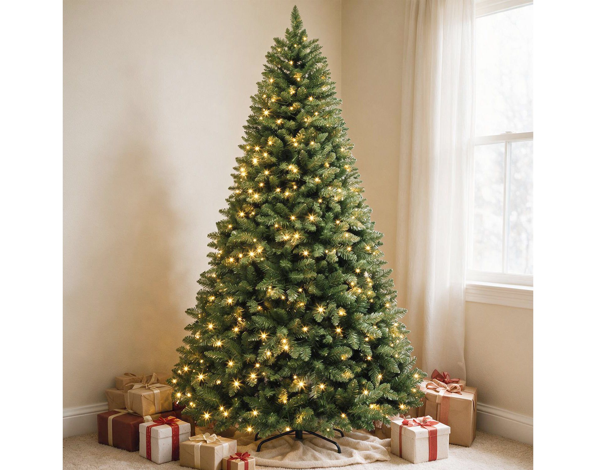 VIVATREES 7ft Pre-lit Artificial Christmas Tree Hinged Branch Tips with 230 300 LEDs White Warm Lights Foldable Metal Base
