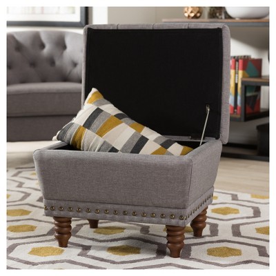 Annabelle Light Grey Tufted Storage Ottoman with Walnut Wood Legs