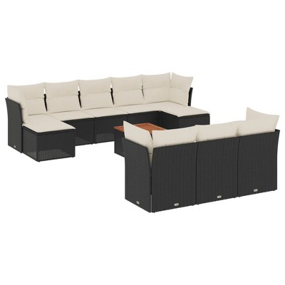 vidaXL 11 Piece Patio Sofa Set with Cushions Black and Cream Poly Rattan