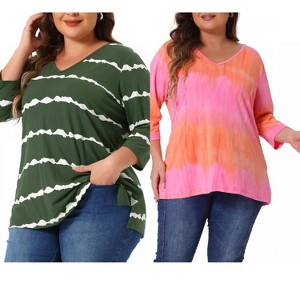 Women's Plus Size 2 Pieces Tie Dye Side Slit 3/4 Sleeve V Neck Casual Stripe Blouse - Agnes Orinda - 1 of 4