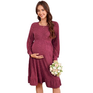 Clearlove Women Maternity Square Neck Long Sleeve Ruffle Knit Dress - 1 of 4