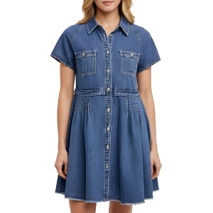 Knit & Lounge Women’s Short Sleeve Denim Shirt Dress Button Down Collared Casual Fit Front Pocket Detail Frayed Hem - 1 of 4