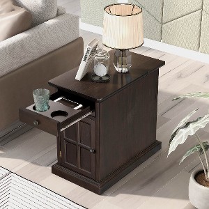 Lyngins Lift-Top Side Table with Power Strip with 3 Outlets, Vintage Nightstand with Drawer, Cup Holders, End Table for Living Room, Small Table - 1 of 4