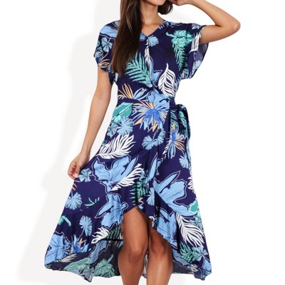 Anna-Kaci Women's Tropical Print High-Low Wrap Dress with Flutter Sleeves for Casual Looks