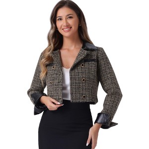 INSPIRE CHIC Women's Tweed Plaid Contrast Collar Double Breasted Vintage Cropped Jackets - 1 of 4