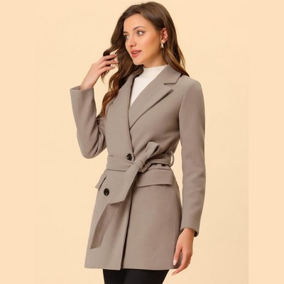 INSPIRE CHIC Women's Notch Lapel Double Breasted Belted Mid Long Outwear Winter Coat Brown Large — фото 3