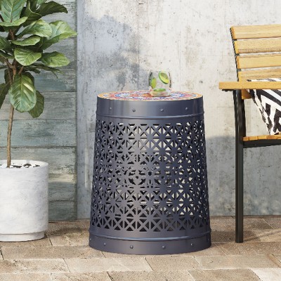 15" Tile Mosaic Lace-Cut Metal Outdoor End Table, Transitional Patio Accent Table, Patio Side Tables -Christopher Knight Home